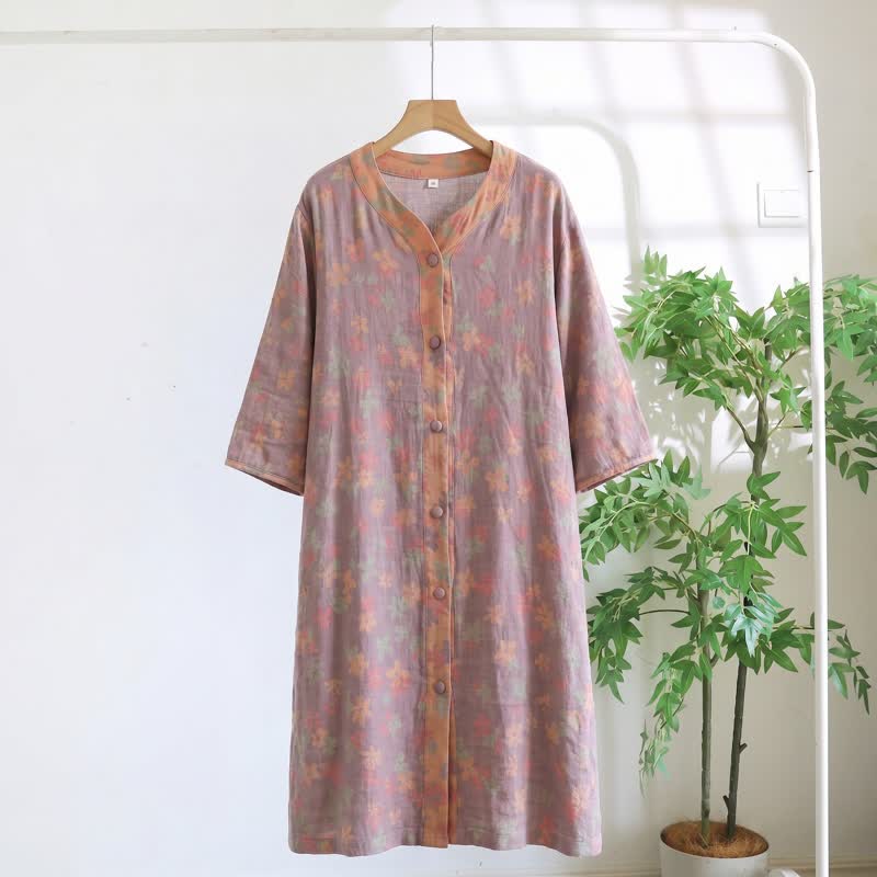 Ownkoti Purple Floral Cotton Gauze Lounge Dress ownkoti Ownkoti Purple Floral Cotton Gauze Lounge Dress ownkoti