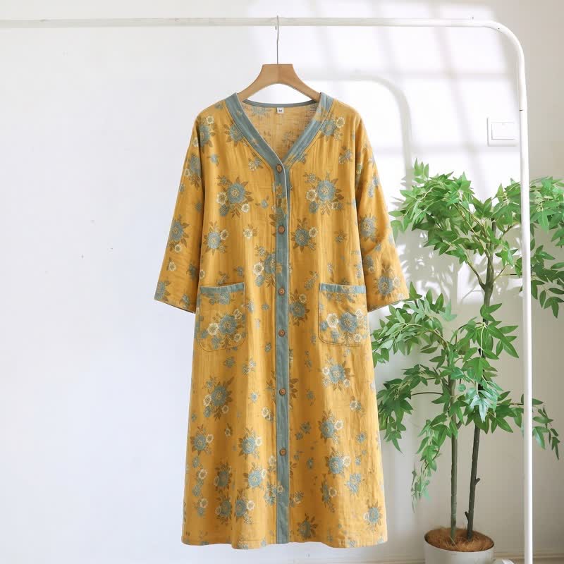 Ownkoti Yellow Floral Cotton Lounge Dress Ownkoti Yellow Floral Cotton Lounge Dress