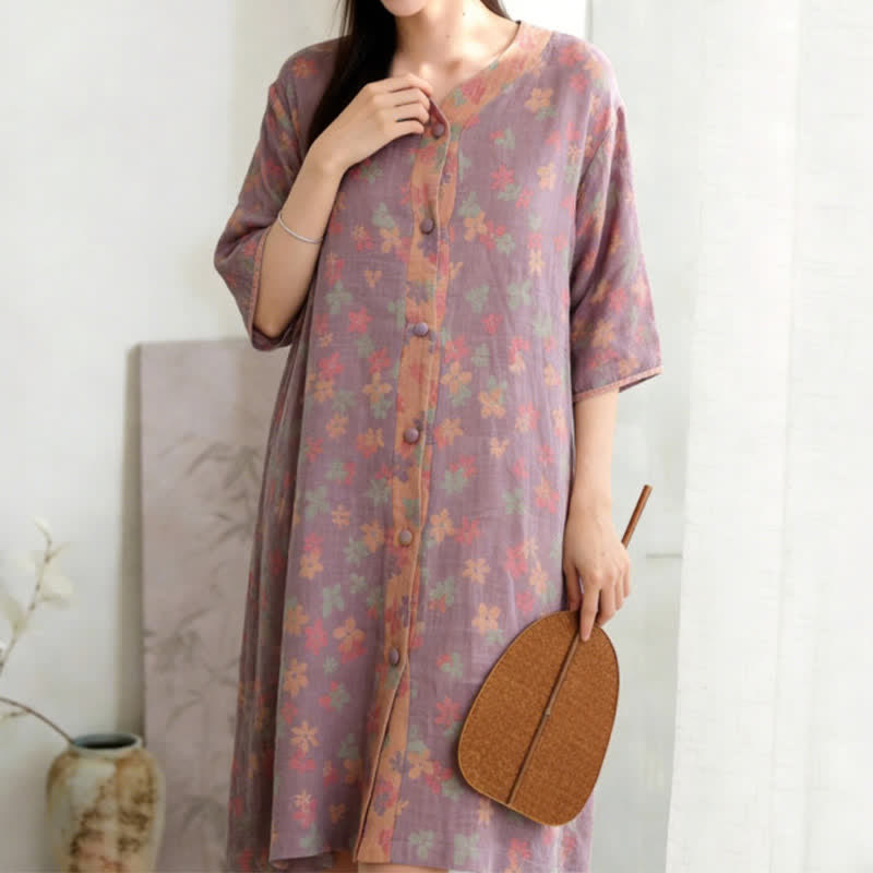 Ownkoti Purple Floral Cotton Gauze Lounge Dress - image 1