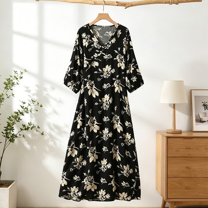 elegant dress floral v neck Ownkoti V-Neck Lounge Dress, Black / XL BODY LENGTH:Mini Preppy Lulu Beach Dresses Size:UK 3 / US 5 / EU 36 your best CHOICE