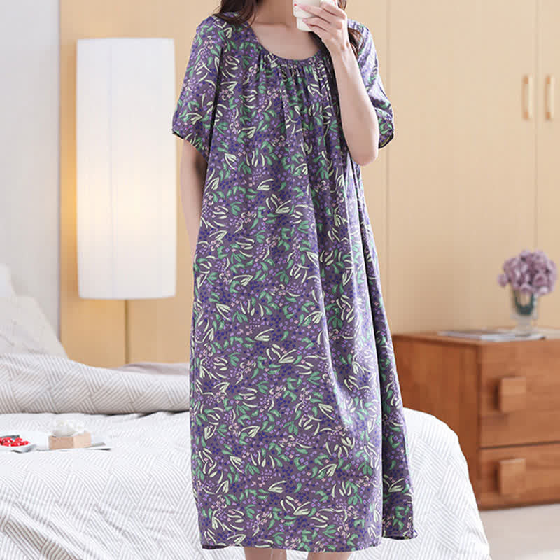 Ownkoti Purple Floral Gathered Neck Lounge Dress - image 5