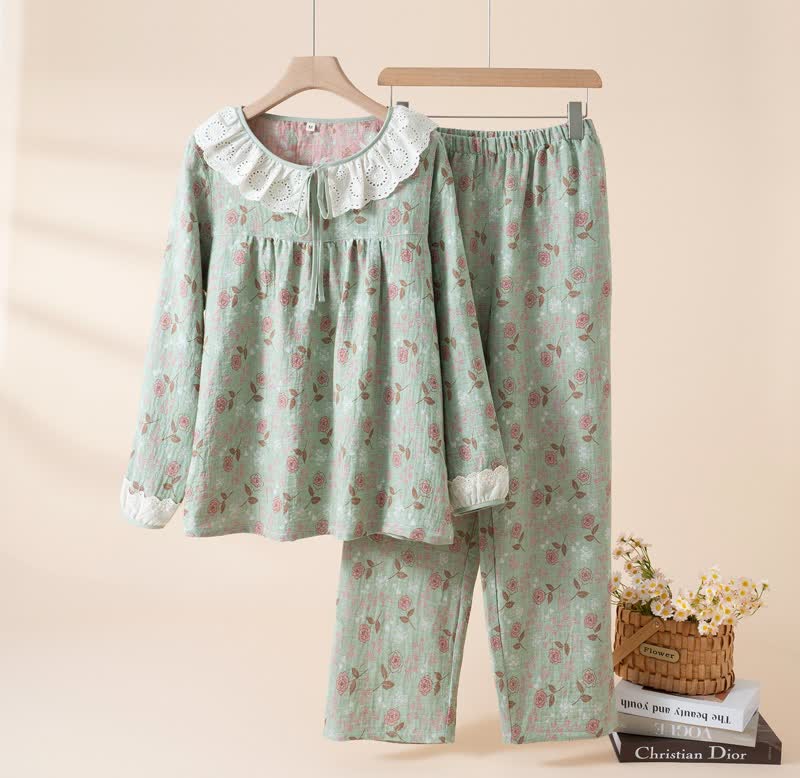 Ownkoti Rose Cotton Gauze Lace Loungewear Set - Green - XL - image 8