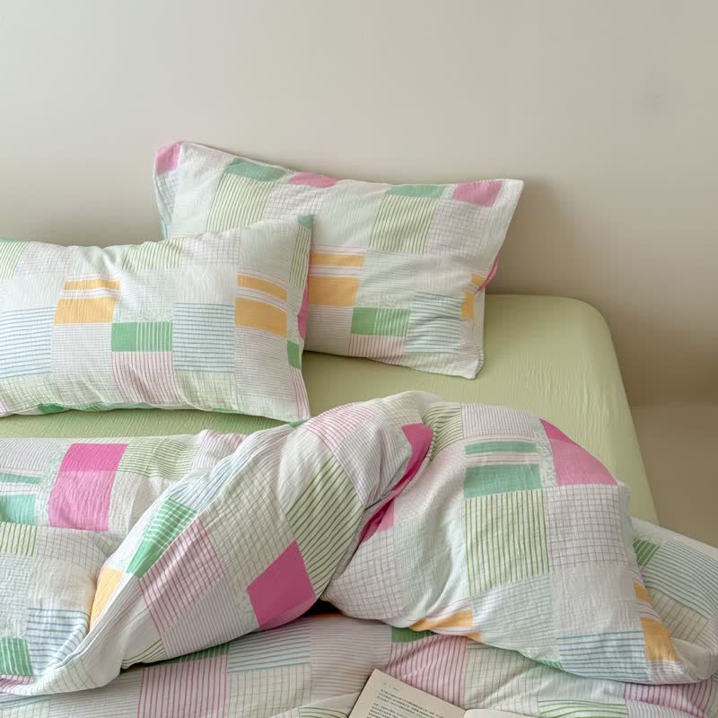Ownkoti Multicolor Pastel Patchwork Cotton Bedding Set (4PCS) - Green - Fitted sheet - King - image 8
