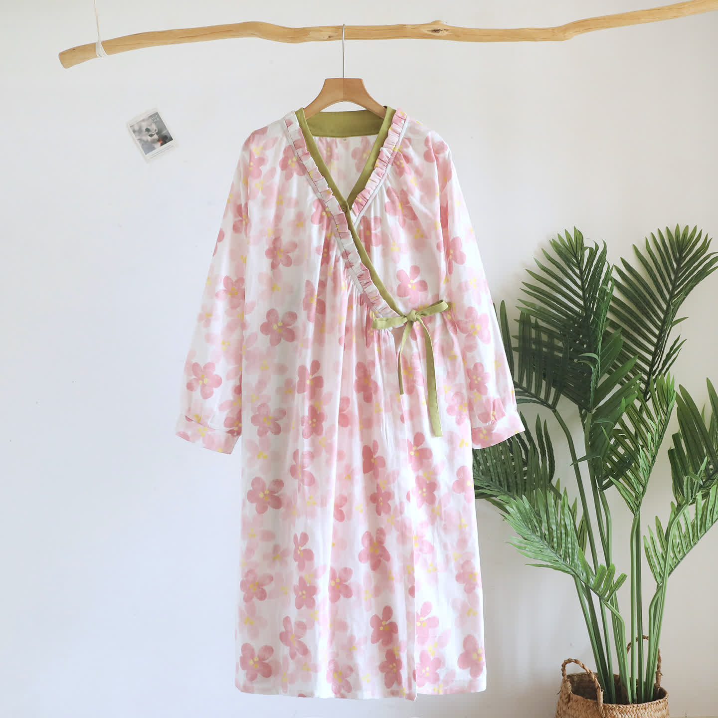 Ownkoti Sakura Floral Cotton Gauze Kimono Nightdress - Beige - Long Sleeve - L - image 14