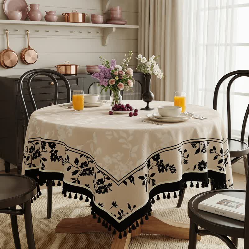 Ownkoti Black & Beige Floral Print Tassel Tablecloth - image 1