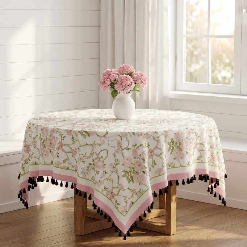 Ownkoti Pink Floral Vine Print Tassel Tablecloth - image 2