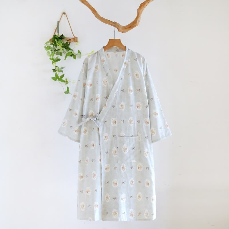 Ownkoti Framed Rose & Bow Cotton Kimono Robe - Blue - L - image 12