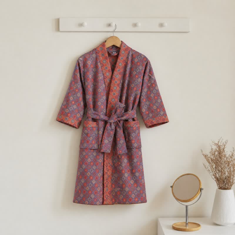 Ownkoti Vintage Geometric Kids' Cotton Kimono Robe, Red / Kids' Size: 120-130cm (47-51in)