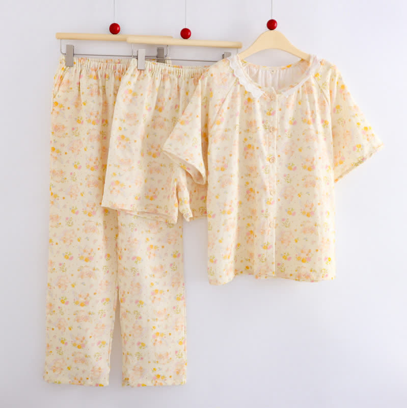 Ownkoti Apricot Floral Cotton Ruffle Loungewear Set(3PCS) - image 1