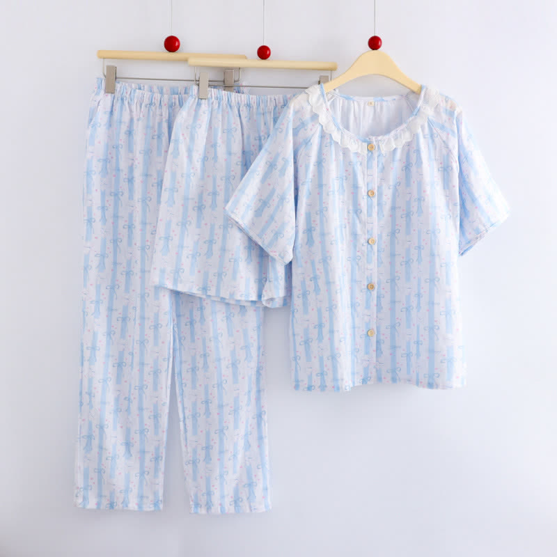 Ownkoti Blue Bow Print Cotton Ruffle Pajamas(3PCS) - image 1