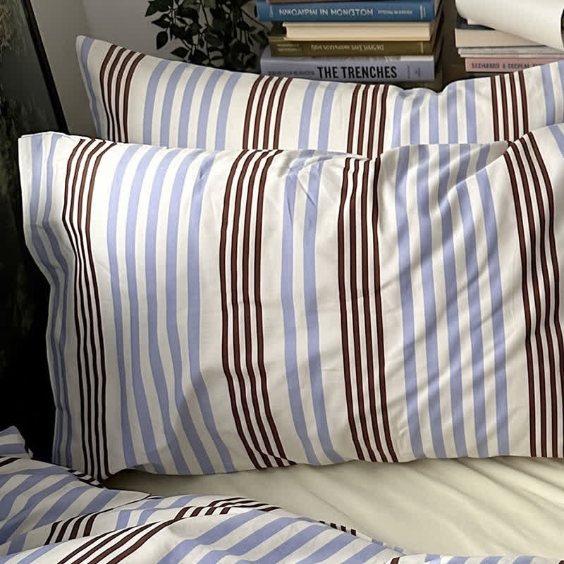 Ownkoti Retro Blue Brown Striped Cotton Bedding Set - image 4