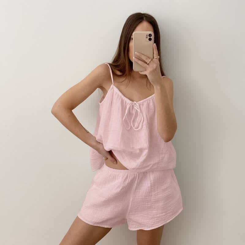 Ownkoti White Cotton Gauze Bow Lounge Set - Pink - L - image 5