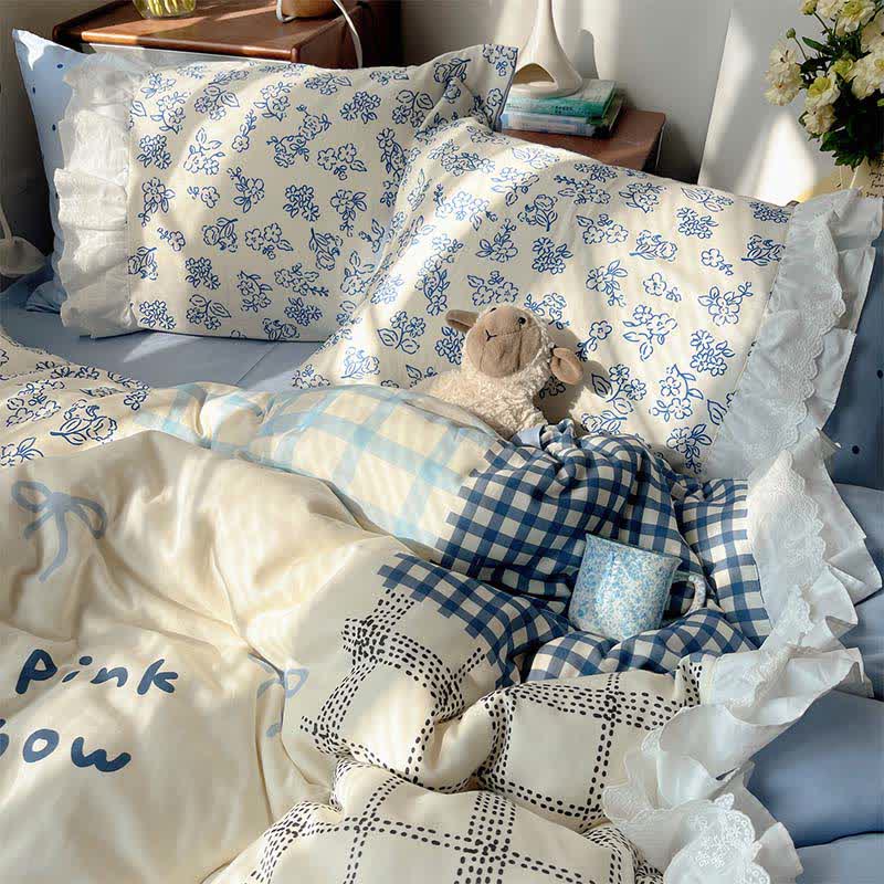 Ownkoti Mist Blue Floral Patchwork Cotton Gauze Ruffle Bedding Set - image 3