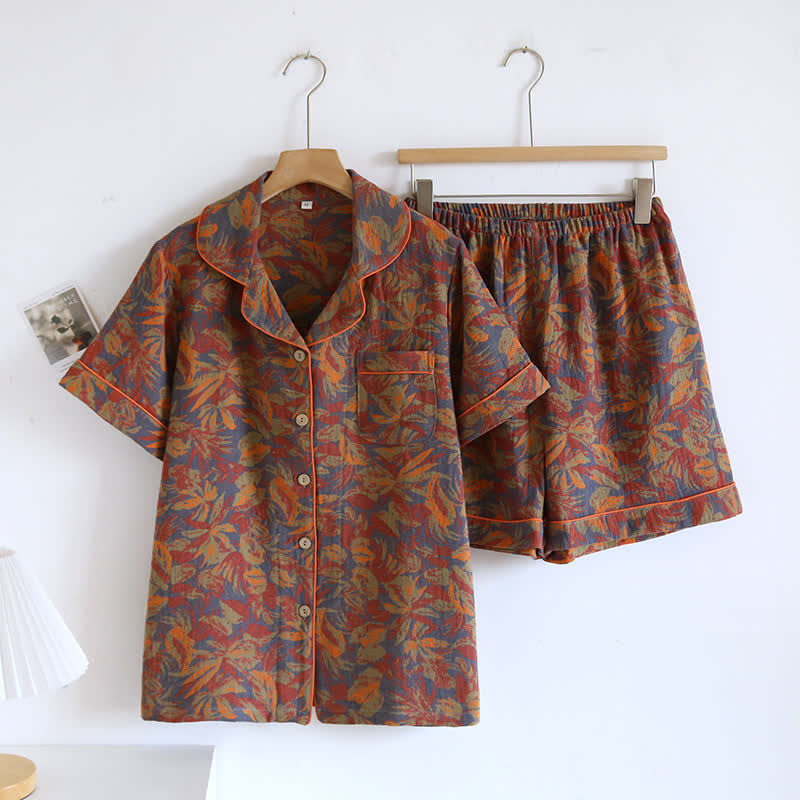 Ownkoti Vintage Leaf Print Cotton Loungewear Set - Brown - XXL - image 0