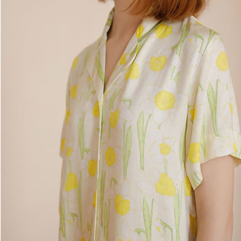 Ownkoti Satin Daffodil Print Short Sleeve Pajama Set - image 5