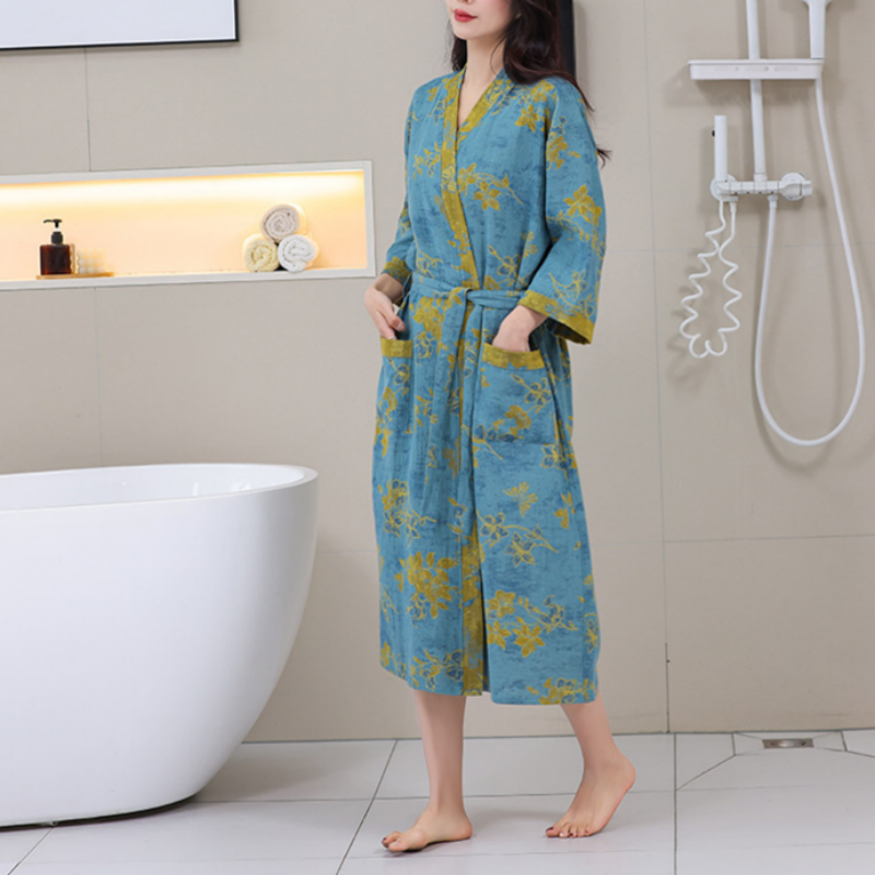 Ownkoti Blue Floral Cotton Gauze Kimono Bathrobe - image 1