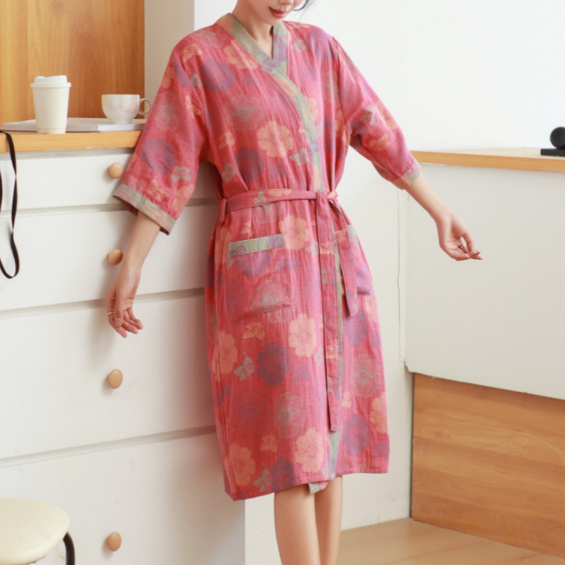 Ownkoti Pink Floral Cotton Gauze Kimono Bathrobe - image 1