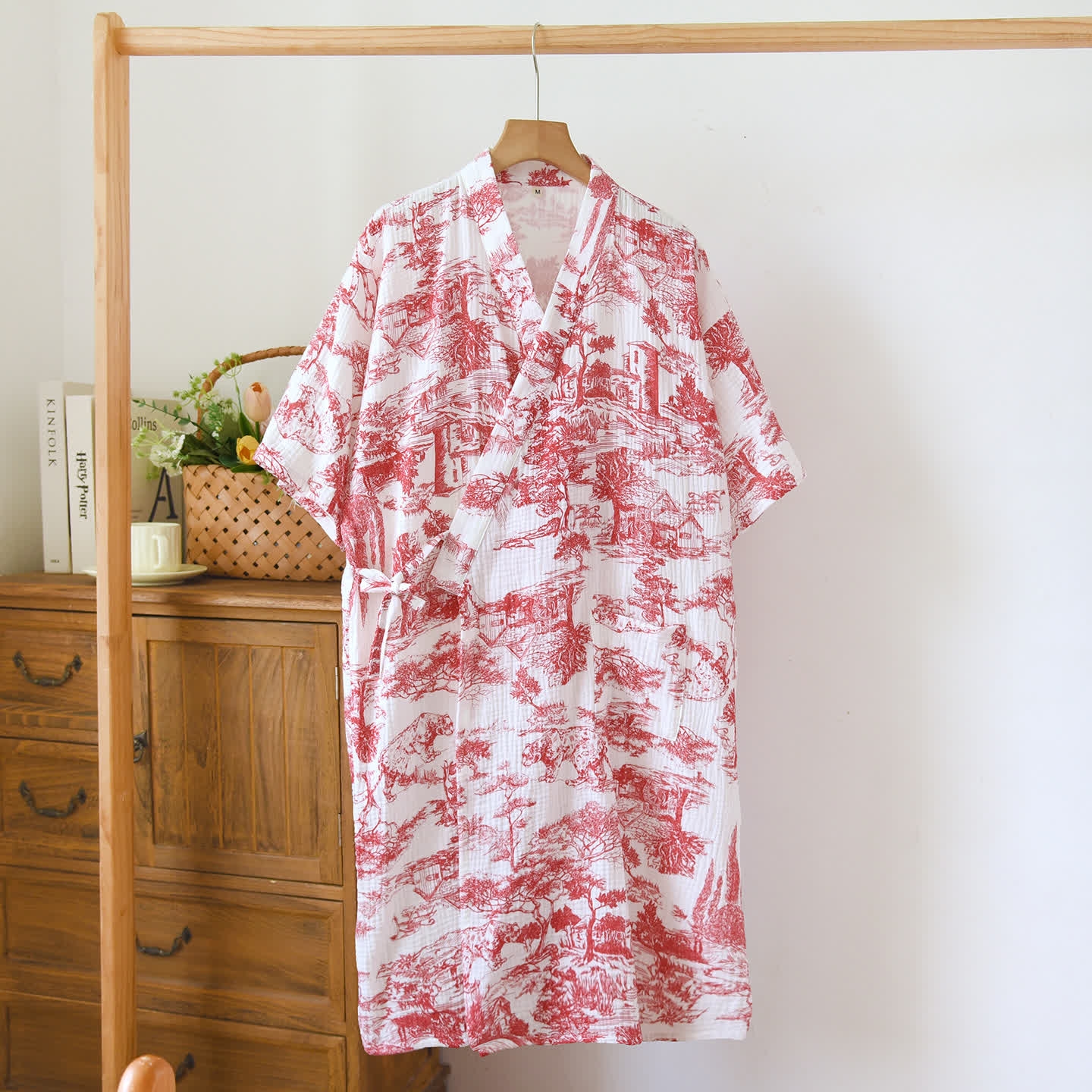 Ownkoti Scenic Double-layer Cotton Gauze Kimono Nightgown - Red - L - image 1