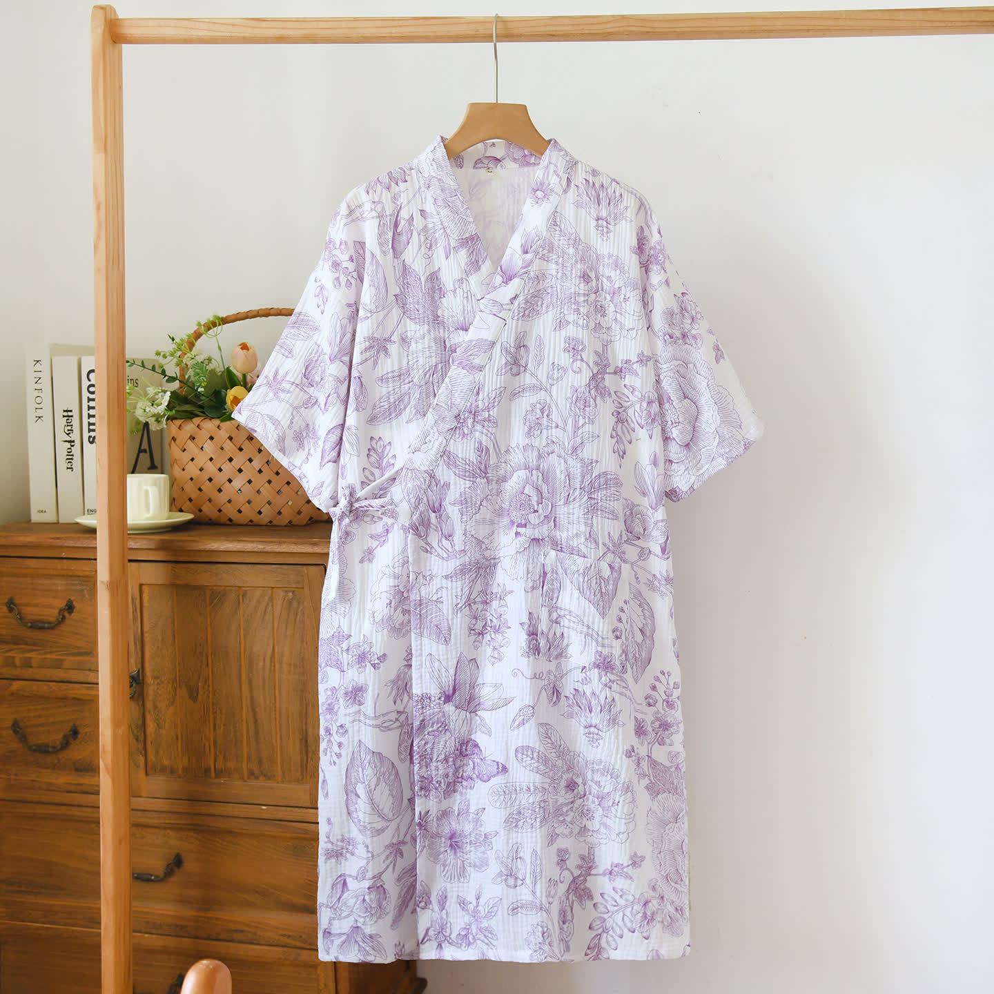 Ownkoti Peony Double-layer Cotton Gauze Kimono Nightdress - Purple - L - image 3