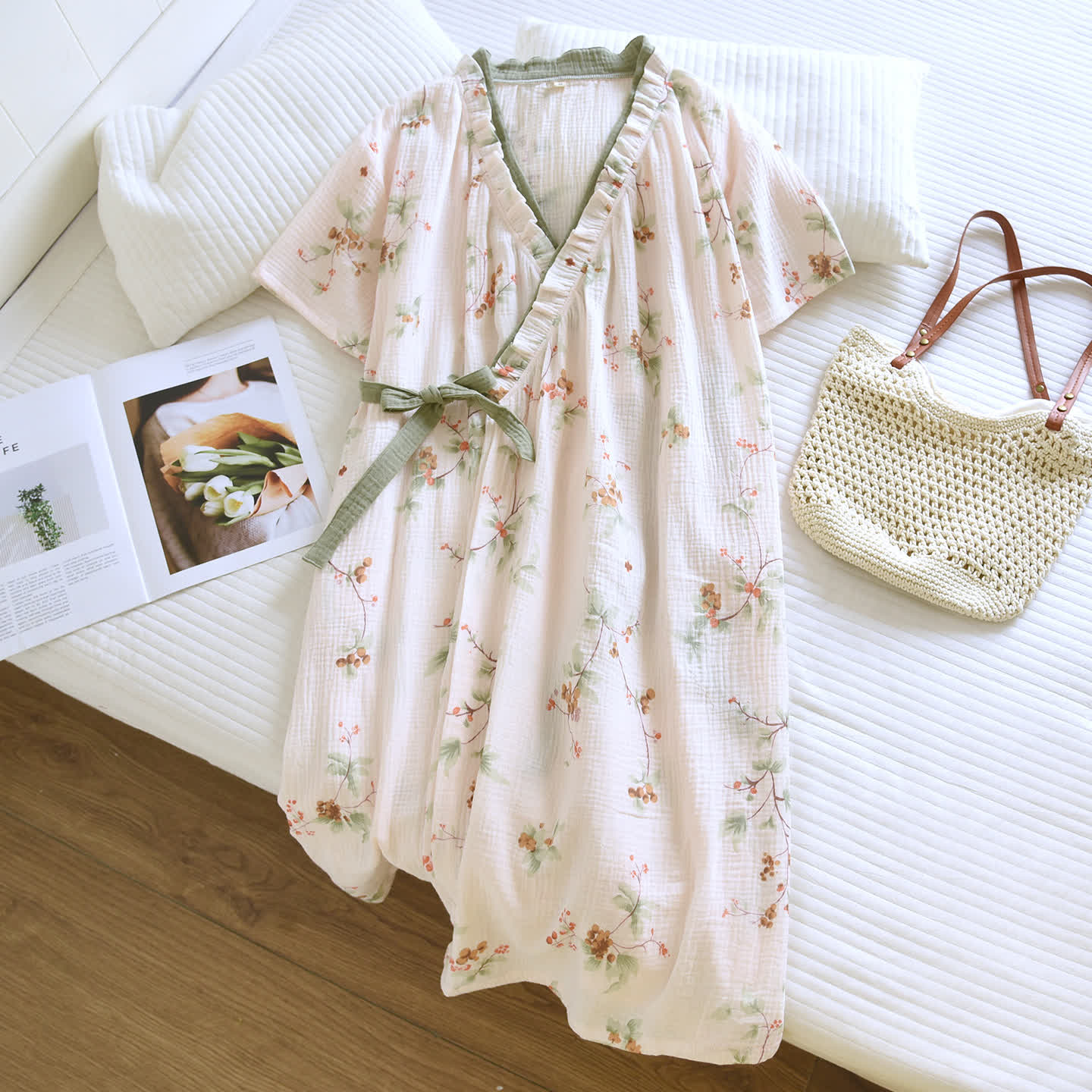 Ownkoti Rural Cotton Gauze Ruffle Kimono Nightgown - image 1