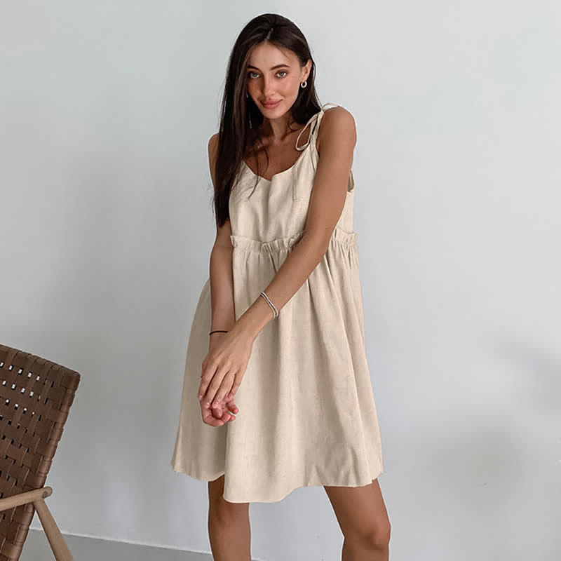 Ownkoti Casual Cotton Linen Tie Strap Nightdress - Khaki - XL - image 3