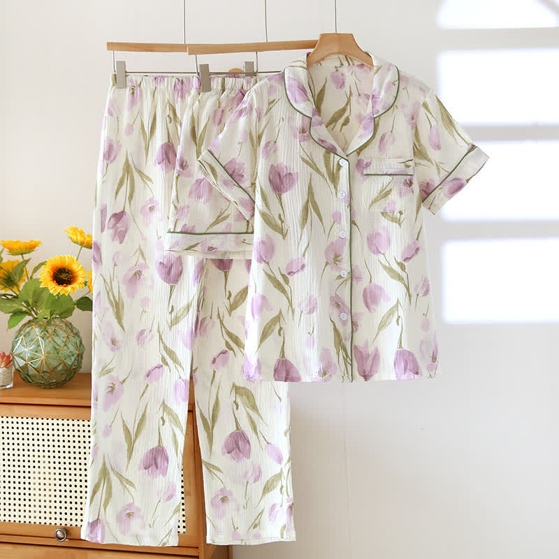 Ownkoti Romantic Tulip 3-Piece Cotton Gauze Pajama Set - Beige - XL - image 0