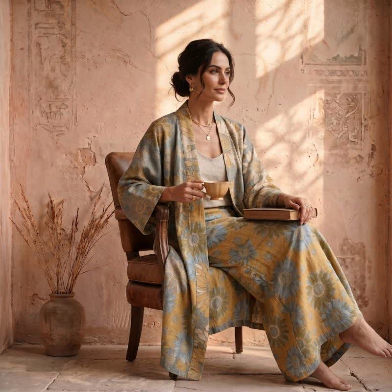 Ownkoti Vintage Sunflower Cotton Kimono Bathrobe - image 9