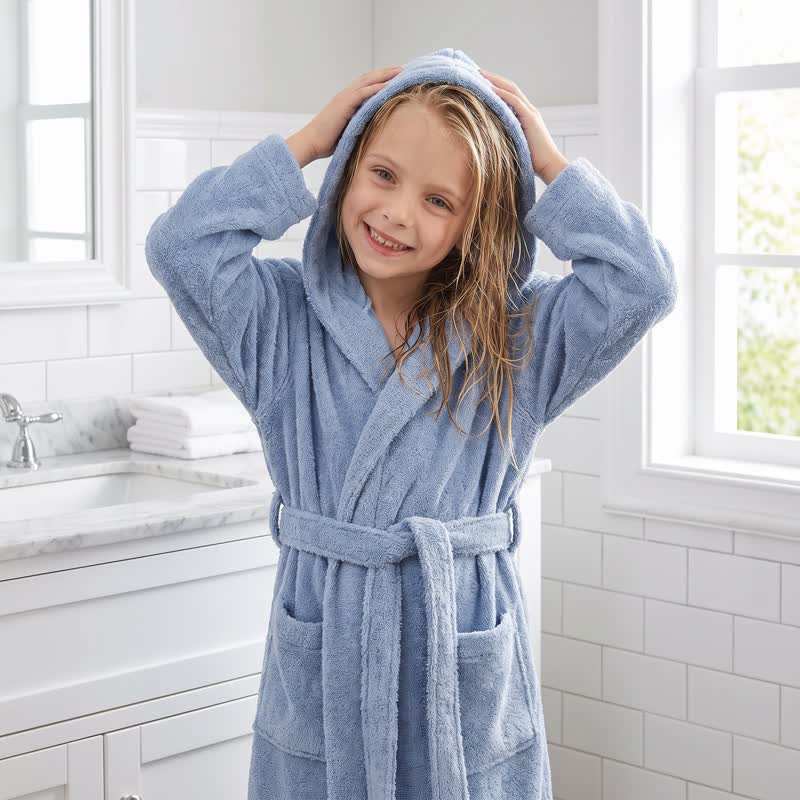 Ownkoti Solid Hooded Cotton Child Bathrobe - Dark Blue - L - image 13