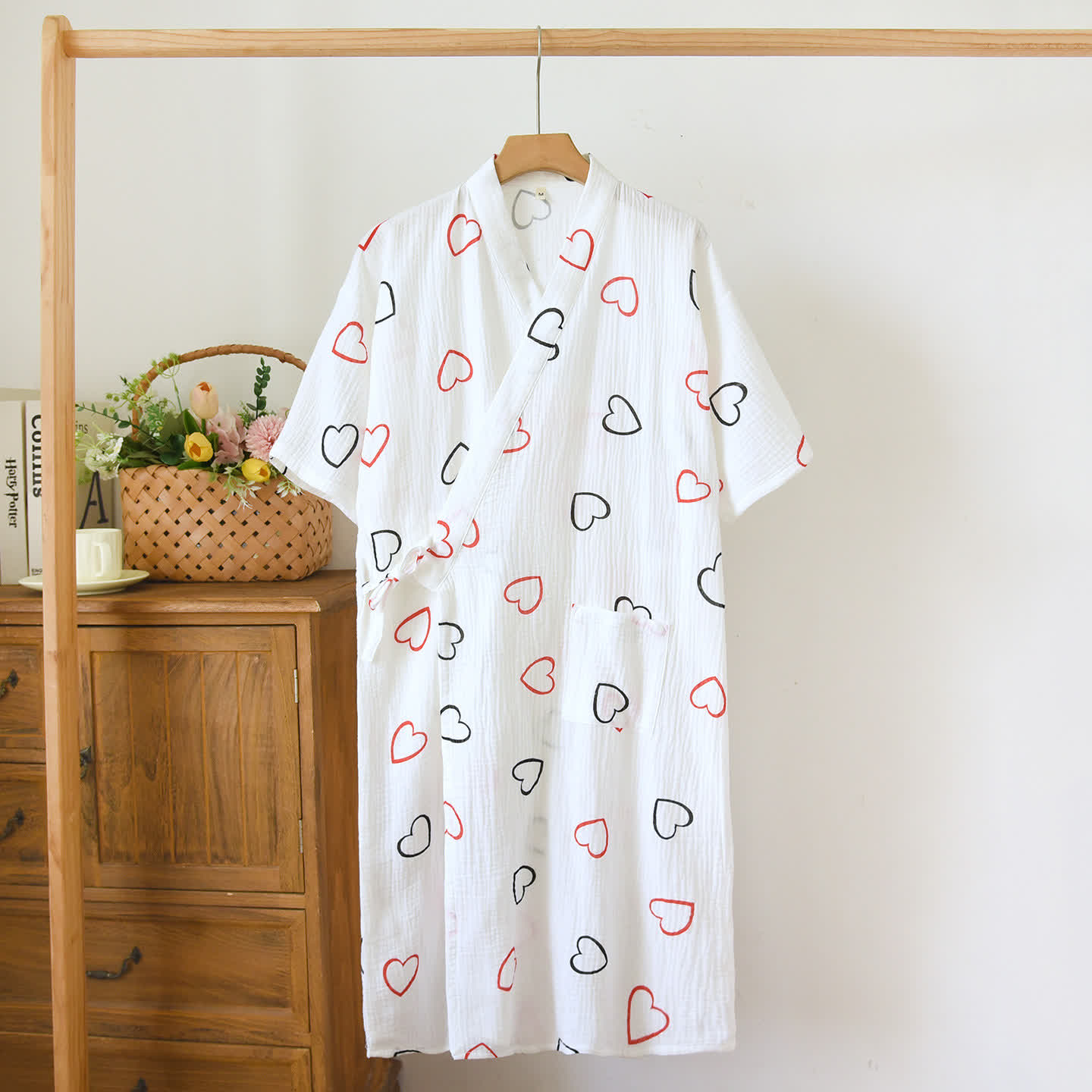 Ownkoti Heart Print Muslin Kimono Lounge Robe - Beige - L - image 0