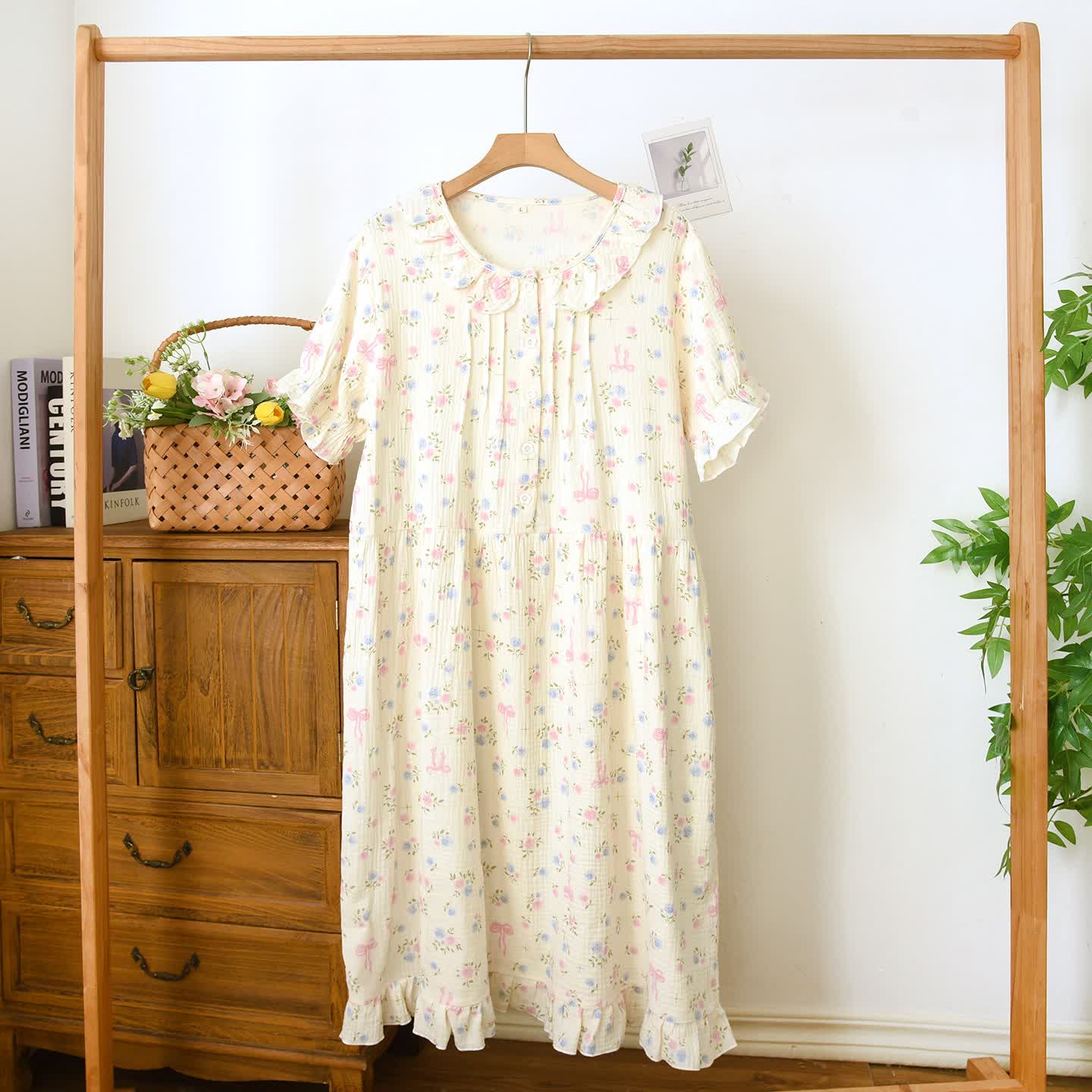 Ownkoti Floral Ruffle Collar Cotton Muslin Nightgown - Beige - XL - image 0