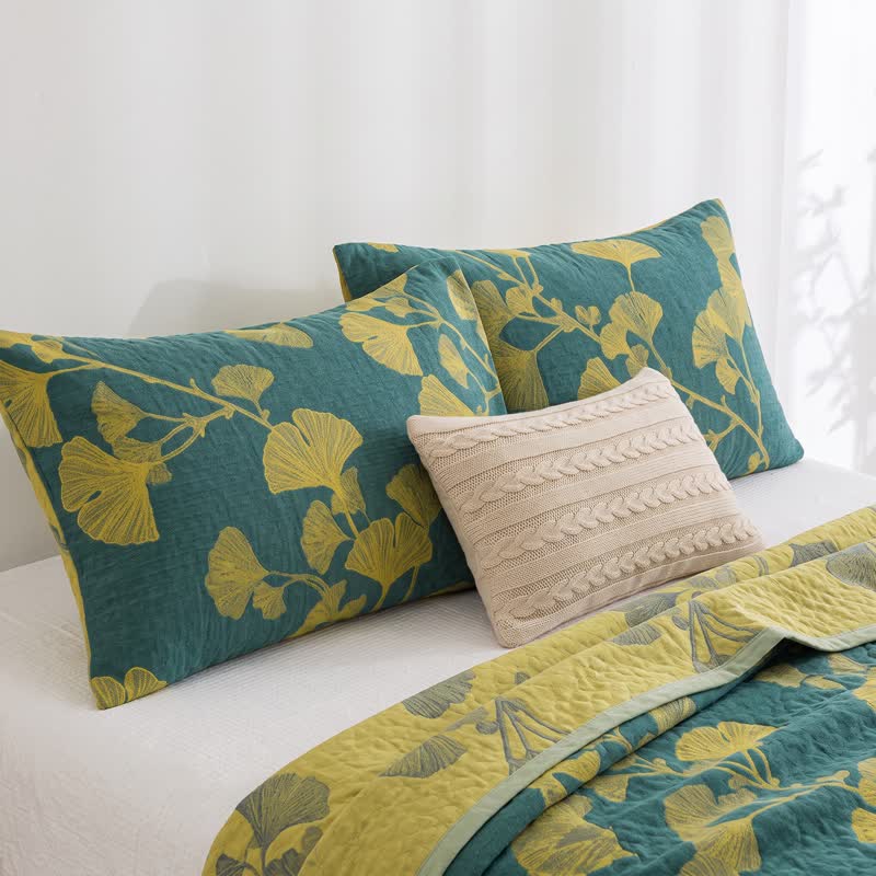 Ownkoti Nordic Ginkgo Leaf Reversible Cotton Quilt - Green - 2PCS Pillowcases - 20" x 36" - image 5