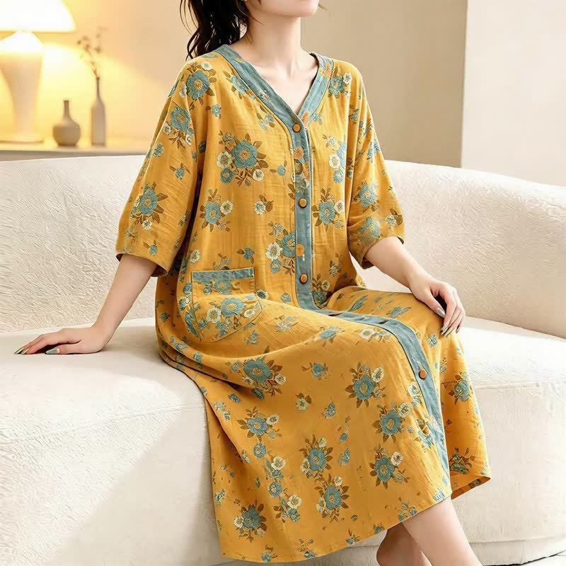 Ownkoti Plus Size Floral Cotton Gauze Cardigan Nightgown - image 3