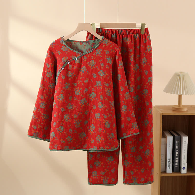 Ownkoti Oriental Side-Button Cotton Floral Pajama Set - Red - XL - image 0