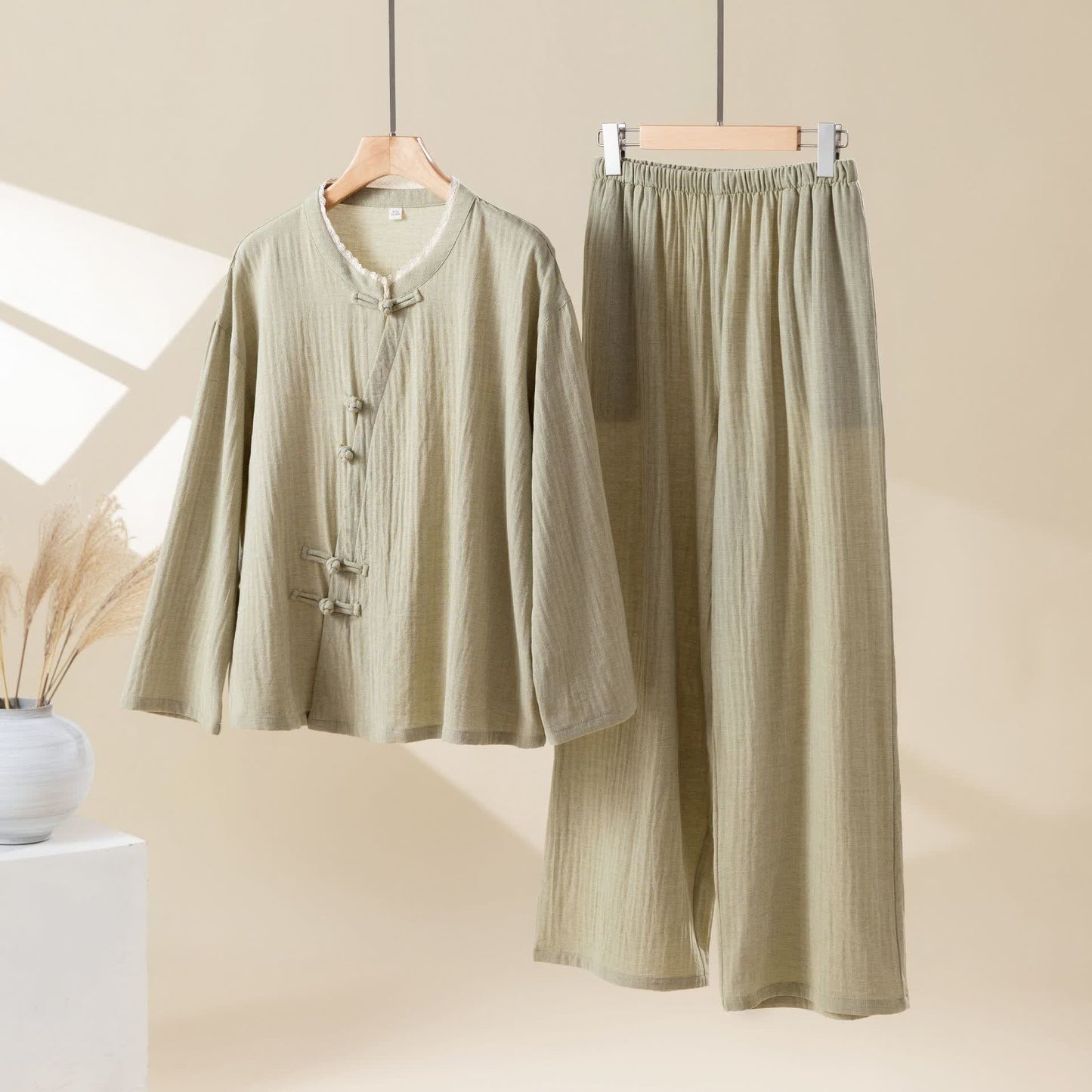 Ownkoti Solid Color Frog Button Cotton Loungewear Set - Green - XL - image 1