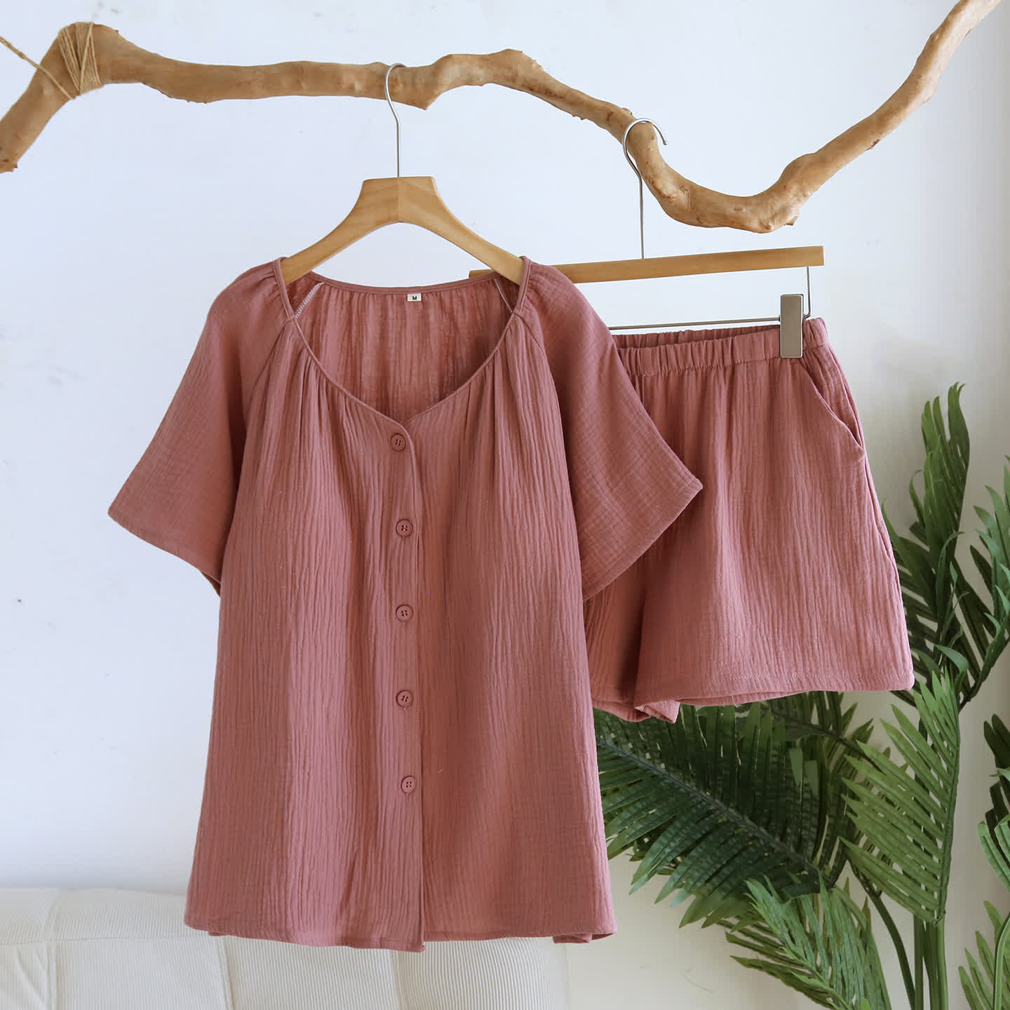 Ownkoti Breezy Cotton Gauze V-Neck Lounge Set - Red Bean Paste - XL - image 15