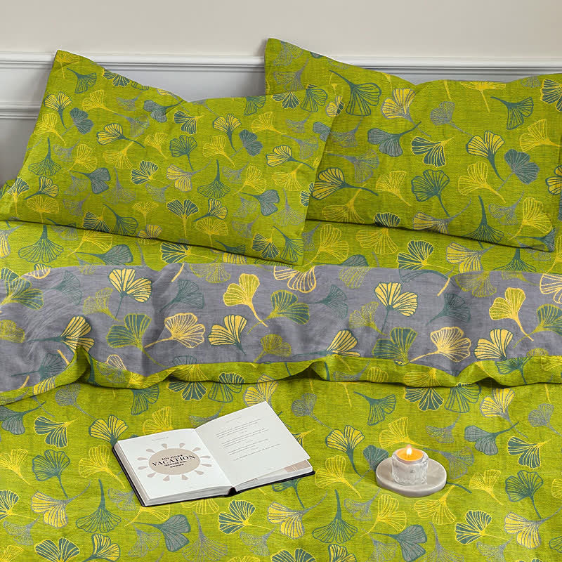 Ownkoti Vintage Green Ginkgo Leaf Cotton Reversible Bedding Set - Green - 2PCS Pillowcases - 20" x 27" - image 7