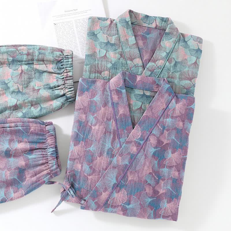 Ownkoti Retro Ginkgo Leaf Cotton Kimono Pajama Set - image 11