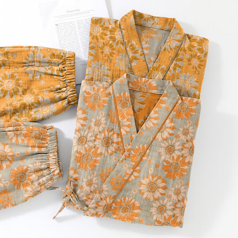 Ownkoti Retro Sunflower Cotton Kimono Pajama Set - image 11