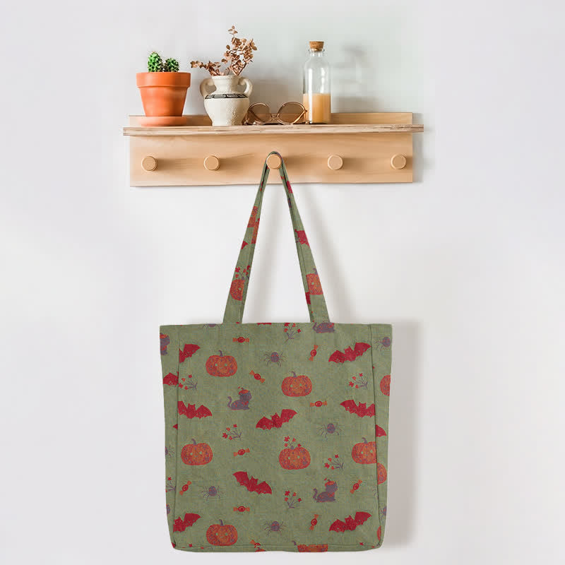 Ownkoti Halloween Pumpkin Bat Cotton Tote Shoulder Bag - image 7
