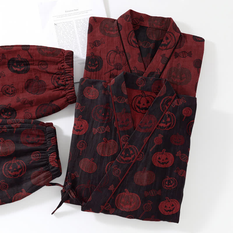 Ownkoti Halloween Pumpkin Candy Cotton Kimono Pajama Set - image 11