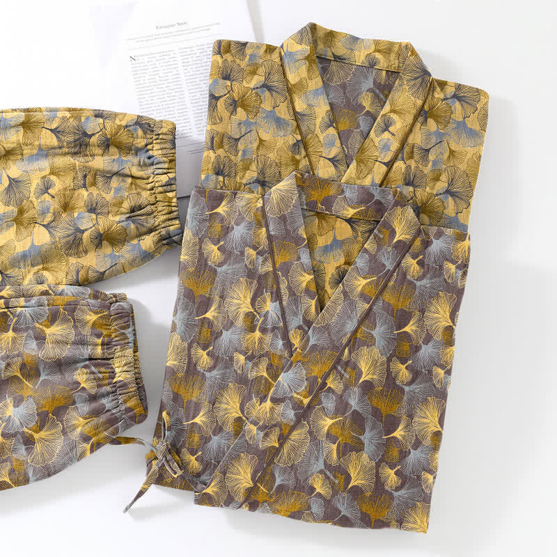 Ownkoti Vintage Ginkgo Leaf Cotton Kimono Pajama Set - image 11