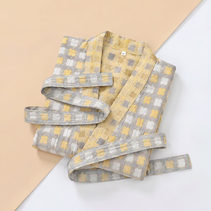 Ownkoti Soft Yellow Grey Cotton Plaid Kimono Robe - image 8