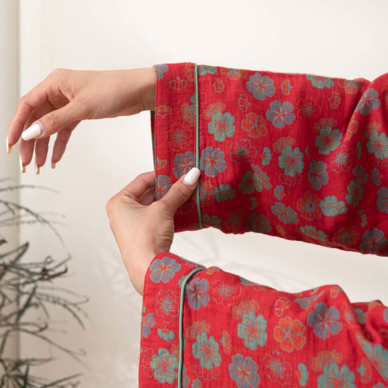 Plum Blossom Cotton Bathrobe With Tie - image 5