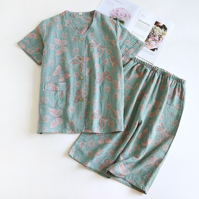 Ownkoti Butterfly Cotton Cropped Pants Loungewear Set