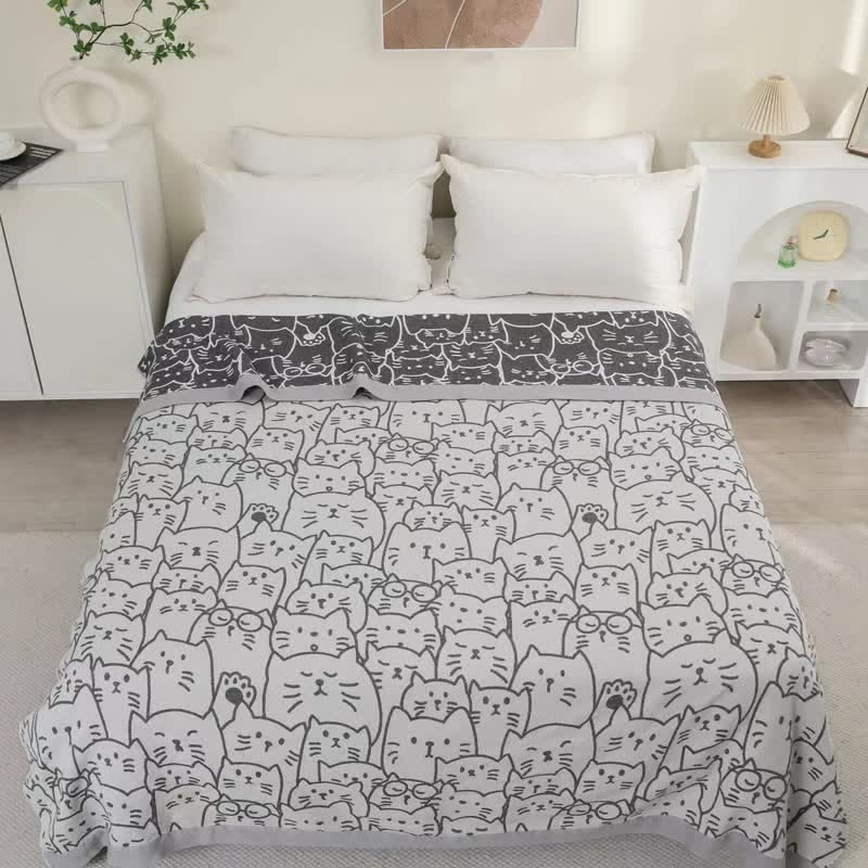 Ownkoti Cute Cat Four Layers Cotton Gauze Quilt