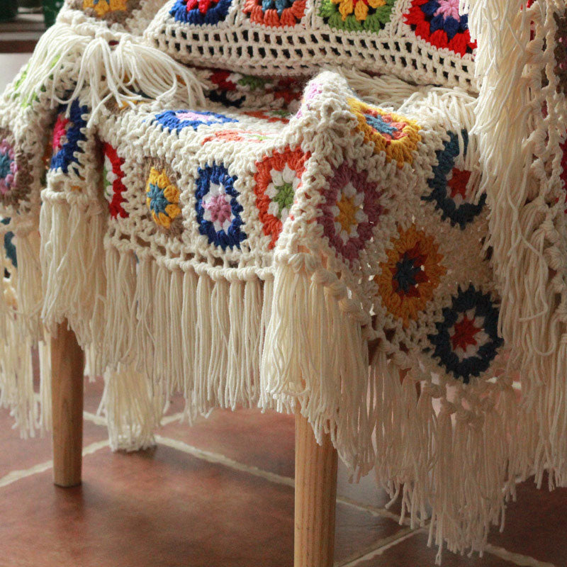 Ownkoti Plaid Daisy Sofa Crochet Tassel Blanket