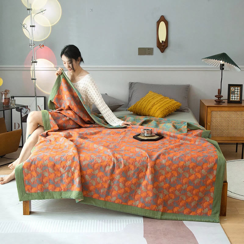 Ownkoti Ginkgo Leaf Print Cotton Reversible Quilt - Red & Green - 2PCS Pillowcases: 19" x 29" - image 1