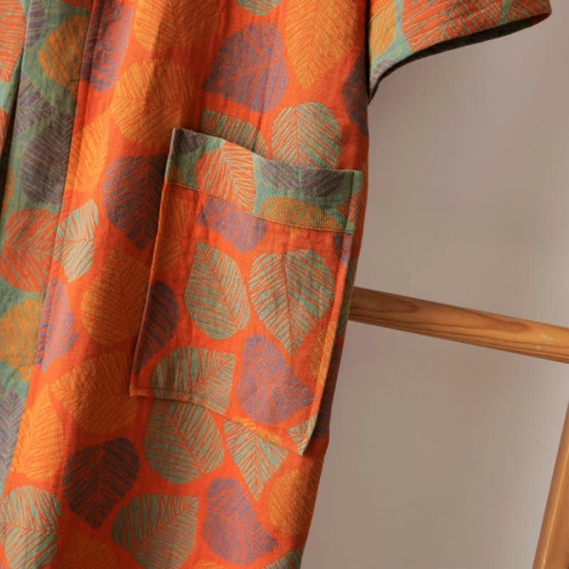 Ownkoti V-neck Vivid Leaf Cotton Gauze Summer Bathrobe