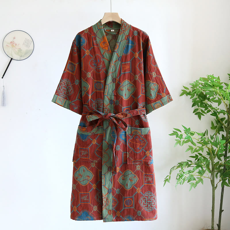 Ownkoti Retro Style Cotton Gauze Loose Bathrobe Pajama