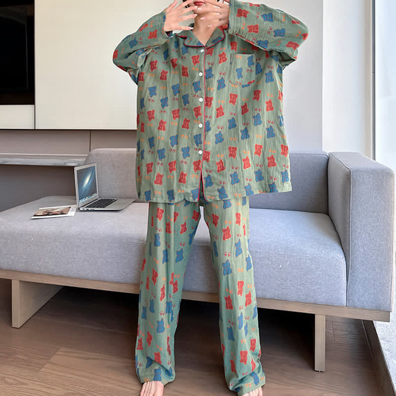 Ownkoti Plus Size Bear Cotton Lapel Loungewear Set
